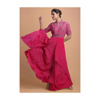 Hot Pink Jumpsuit With Georgette Layers On The Bottom And A Raw Silk Bodice Online - Kalki Fashion