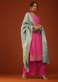 Hot Pink Kurti And Palazzo Set In Crepe With Zari Work