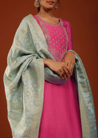 Hot Pink Kurti And Palazzo Set In Crepe With Zari Work