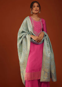 Hot Pink Kurti And Palazzo Set In Crepe With Zari Work