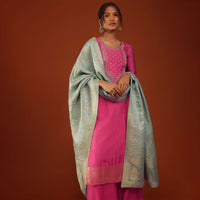 Hot Pink Kurti And Palazzo Set In Crepe With Zari Work