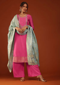 Hot Pink Kurti And Palazzo Set In Crepe With Zari Work