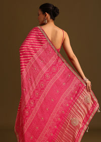 Hot Pink Lehariya Saree In Gota Patti Work With Unstitched Blouse