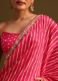 Hot Pink Lehariya Saree In Gota Patti Work With Unstitched Blouse