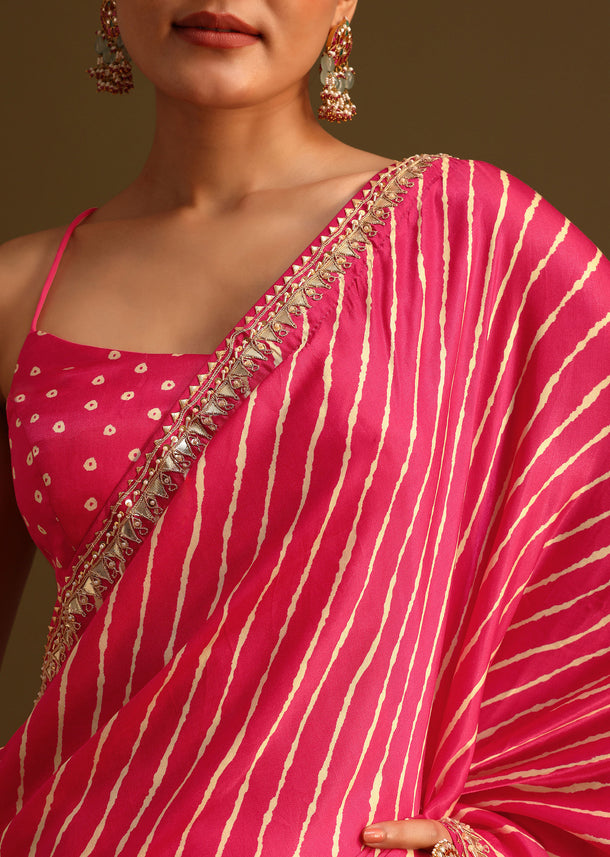 Hot Pink Lehariya Saree In Gota Patti Work With Unstitched Blouse
