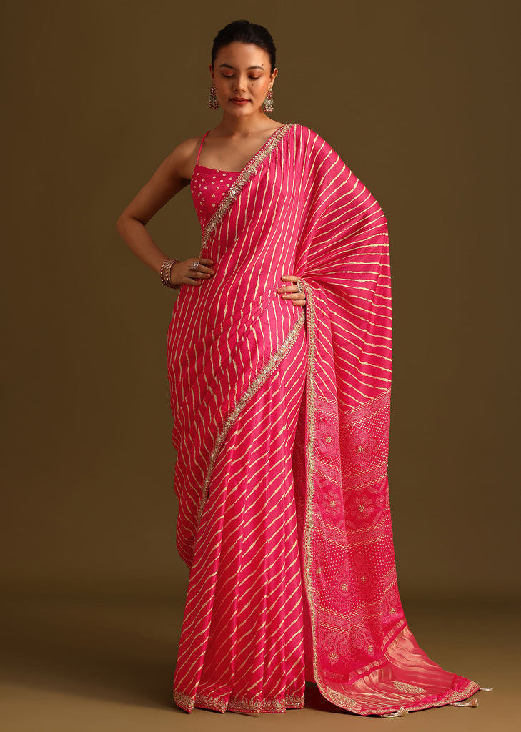 Hot Pink Lehariya Saree In Gota Patti Work With Unstitched Blouse