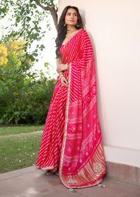 Hot Pink Lehariya Saree In Gota Patti Work With Unstitched Blouse