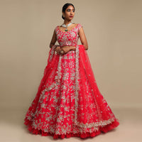 Hot Pink Lehenga Choli In Raw Silk Zardozi Embroidered Floral Jaal And Net Ruching On The Hem