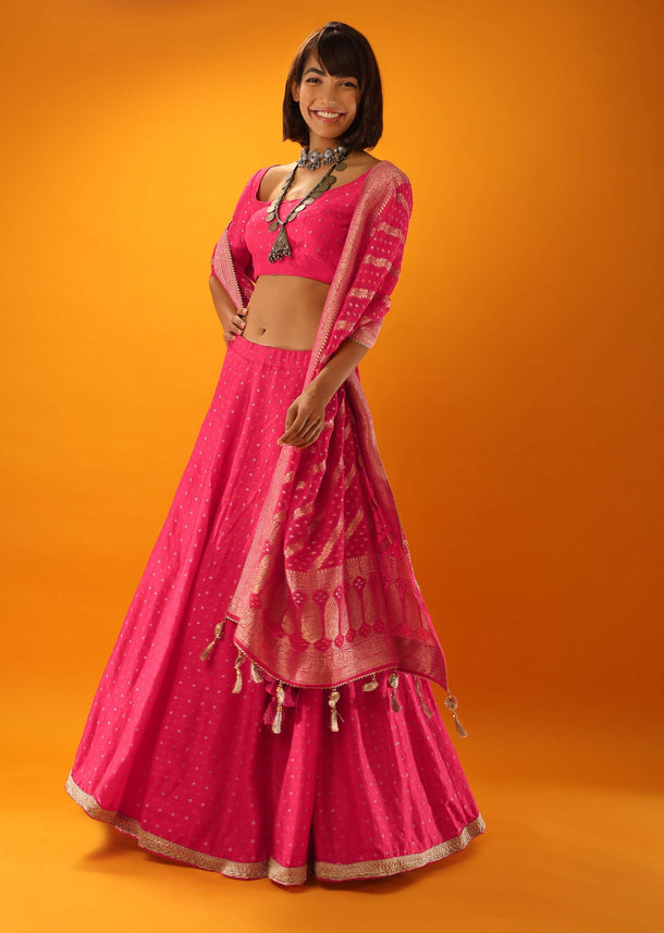 Hot Pink Lehenga In Brocade Silk With Woven Bandhani Design And Unstitched Blouse