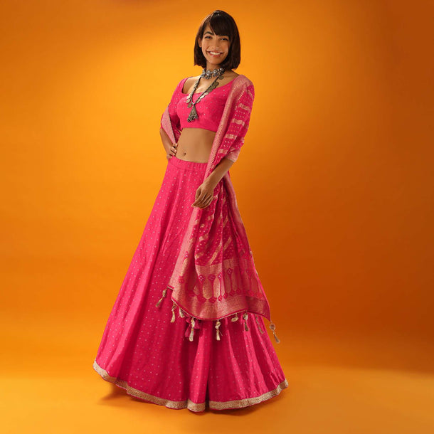 Hot Pink Lehenga In Brocade Silk With Woven Bandhani Design And Unstitched Blouse