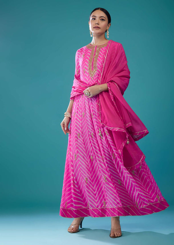 Hot Pink Leheriya Printed Anarkali Suit In Georgette