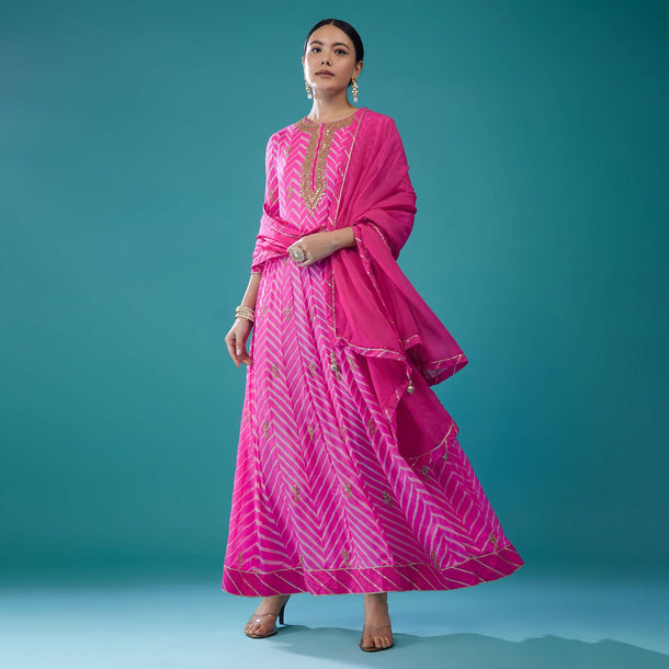 Hot Pink Leheriya Printed Anarkali Suit In Georgette