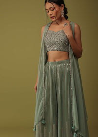 Sea Green Mirror Embellished Crop Top And Palazzo Set With Jacket