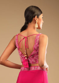 Hot Pink Ready Pleated Saree In Crepe With Ruffle Frill On The Pallu And Beads Embroidered Crop Top And Belt