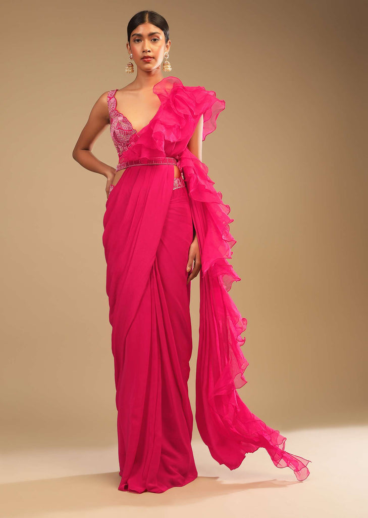 Hot Pink Ready Pleated Saree In Crepe With Ruffle Frill On The Pallu And Beads Embroidered Crop Top And Belt