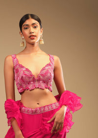 Hot Pink Ready Pleated Saree In Crepe With Ruffle Frill On The Pallu And Beads Embroidered Crop Top And Belt