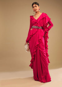 Hot Pink Saree With Ruffle Pallu, Stone Embellished Belt And A Ruffle Blouse With Side Cut Outs