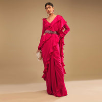Hot Pink Saree With Ruffle Pallu, Stone Embellished Belt And A Ruffle Blouse With Side Cut Outs