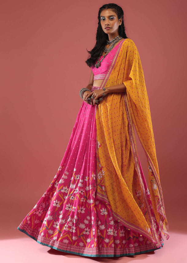 Hot Pink Silk Stone Embellished Lehenga And Blouse With Floral Print And Colorful Embellishments