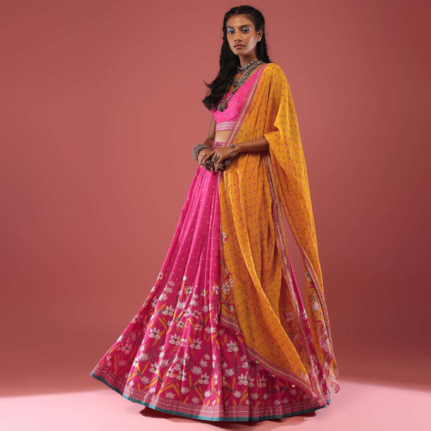 Hot Pink Silk Stone Embellished Lehenga And Blouse With Floral Print And Colorful Embellishments