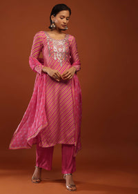 Rouge Pink Straight Cut Palazzo Suit With Lehariya Print And Gota Embrodiery