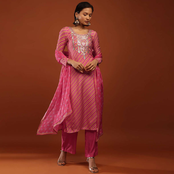 Rouge Pink Straight Cut Palazzo Suit With Lehariya Print And Gota Embrodiery