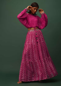 Hot Pink Top And Lehenga Set In Georgette With Sequins And Mirror Work