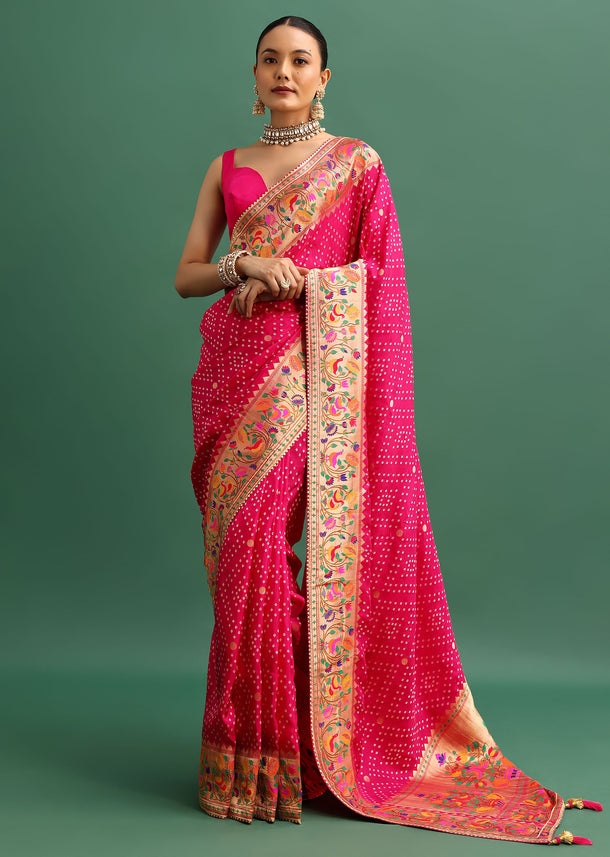 Hot Pink Woven Bandhani Silk Saree With Paithani Border Pallu And Unstitched Blouse