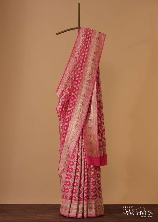 Hot Pink Handloom Saree In Khaadi Georgette With Unstitched Blouse