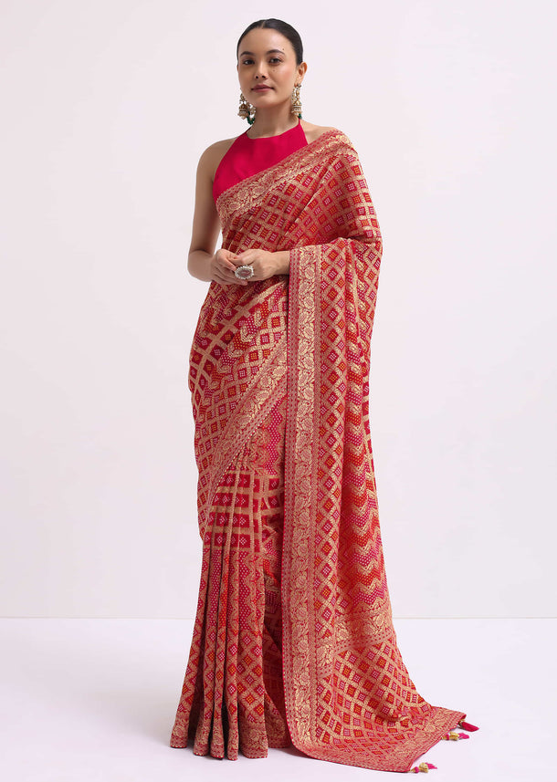 Hot Pink Woven Khadi Georgette Saree With Unstitched Blouse