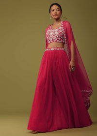 Hot Pink Zardosi Embellished Crop Top And Palazzo Set With Jacket