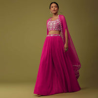 Hot Pink Zardosi Embellished Crop Top And Palazzo Set With Jacket