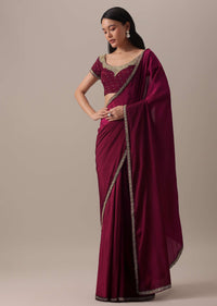 Hot Red Cutdana Embellished Saree In Chiffon