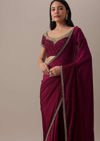 Hot Red Cutdana Embellished Saree In Chiffon