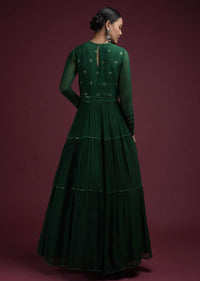 Hunter Green Anarkali Suit In Georgette With Mirror Abla And Sequins Embroidery And Frill Dupatta Online - Kalki Fashion