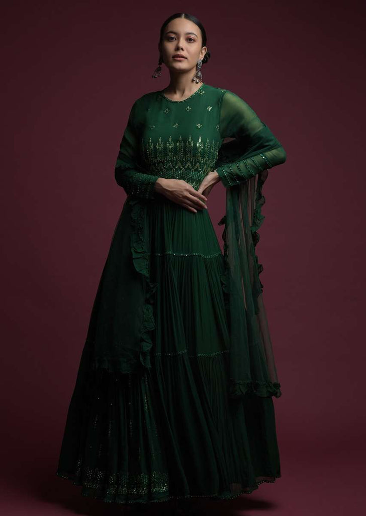 Hunter Green Anarkali Suit In Georgette With Mirror Abla And Sequins Embroidery And Frill Dupatta Online - Kalki Fashion