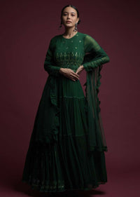 Hunter Green Anarkali Suit In Georgette With Mirror Abla And Sequins Embroidery And Frill Dupatta Online - Kalki Fashion
