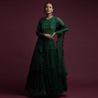 Hunter Green Anarkali Suit In Georgette With Mirror Abla And Sequins Embroidery And Frill Dupatta Online - Kalki Fashion