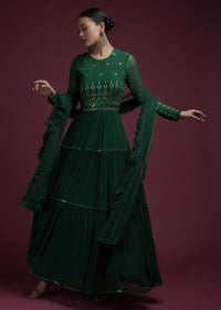 Hunter Green Anarkali Suit In Georgette With Mirror Abla And Sequins Embroidery And Frill Dupatta Online - Kalki Fashion