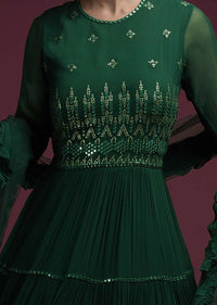 Hunter Green Anarkali Suit In Georgette With Mirror Abla And Sequins Embroidery And Frill Dupatta Online - Kalki Fashion