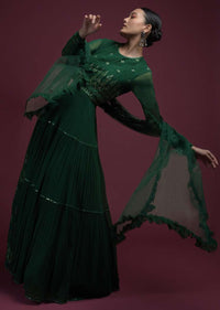 Hunter Green Anarkali Suit In Georgette With Mirror Abla And Sequins Embroidery And Frill Dupatta Online - Kalki Fashion