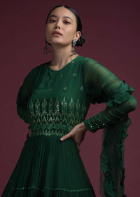 Hunter Green Anarkali Suit In Georgette With Mirror Abla And Sequins Embroidery And Frill Dupatta Online - Kalki Fashion