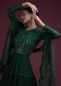 Hunter Green Anarkali Suit In Georgette With Mirror Abla And Sequins Embroidery And Frill Dupatta Online - Kalki Fashion