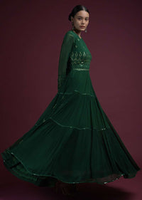 Hunter Green Anarkali Suit In Georgette With Mirror Abla And Sequins Embroidery And Frill Dupatta Online - Kalki Fashion
