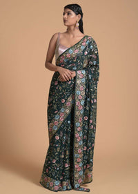 Hunter Green Saree In Georgette With Parsi Embroidered Floral Jaal Using Cream Resham Online - Kalki Fashion