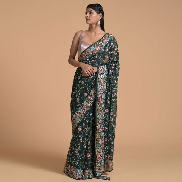 Hunter Green Saree In Georgette With Parsi Embroidered Floral Jaal Using Cream Resham Online - Kalki Fashion