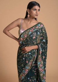 Hunter Green Saree In Georgette With Parsi Embroidered Floral Jaal Using Cream Resham Online - Kalki Fashion