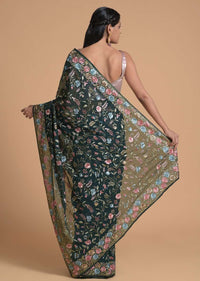 Hunter Green Saree In Georgette With Parsi Embroidered Floral Jaal Using Cream Resham Online - Kalki Fashion