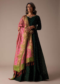 Hunter Green Anarkali Suit In Silk With Badla Buttis And Patola Printed Silk Dupatta