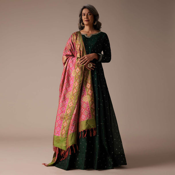 Hunter Green Anarkali Suit In Silk With Badla Buttis And Patola Printed Silk Dupatta
